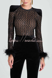 Lace Sequin Velvet Patchwork Flare Jumpsuit with Feather Trim