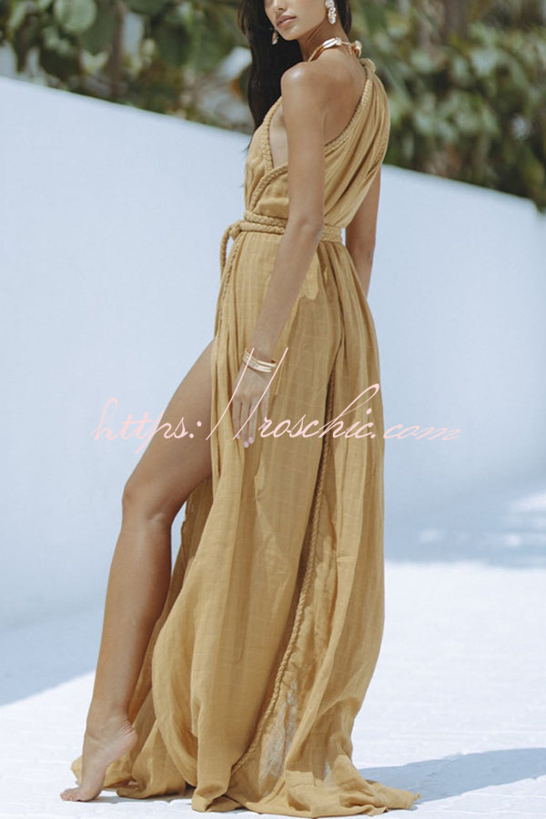 Robe longue asymétrique en lin mélangé avec fente tressée