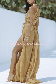 Robe longue asymétrique en lin mélangé avec fente tressée