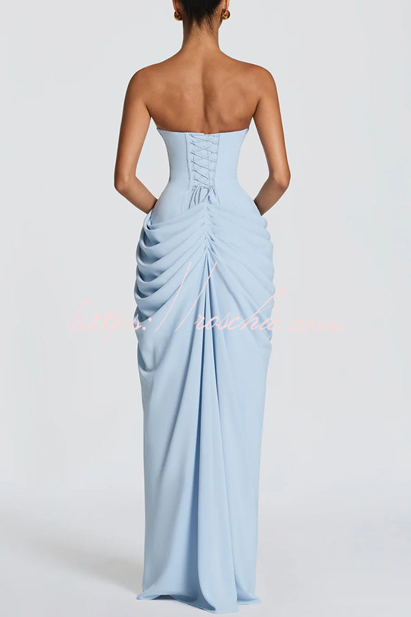 Chiffon Strapless Maxi Dress with Asymmetrical Pleats & Slit