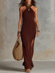 Ribbed Knit Halter Maxi Dress with Side Slit