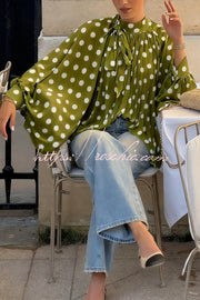 Polka Dot Lantern Sleeve Tie-Waist Loose Shirt