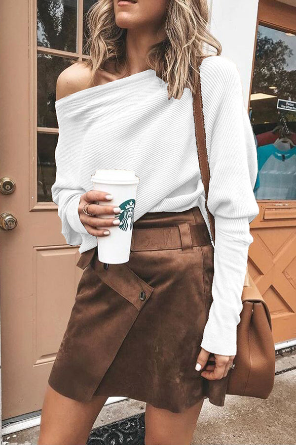 Ribbed Off Shoulder Long Sleeve Top – Loose Casual Fit