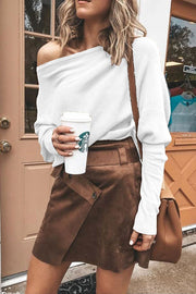 Ribbed Off Shoulder Long Sleeve Top – Loose Casual Fit