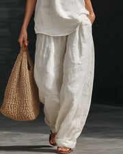 Linen-Blend Halter V-Neck Top & Wide-Leg Trousers Set
