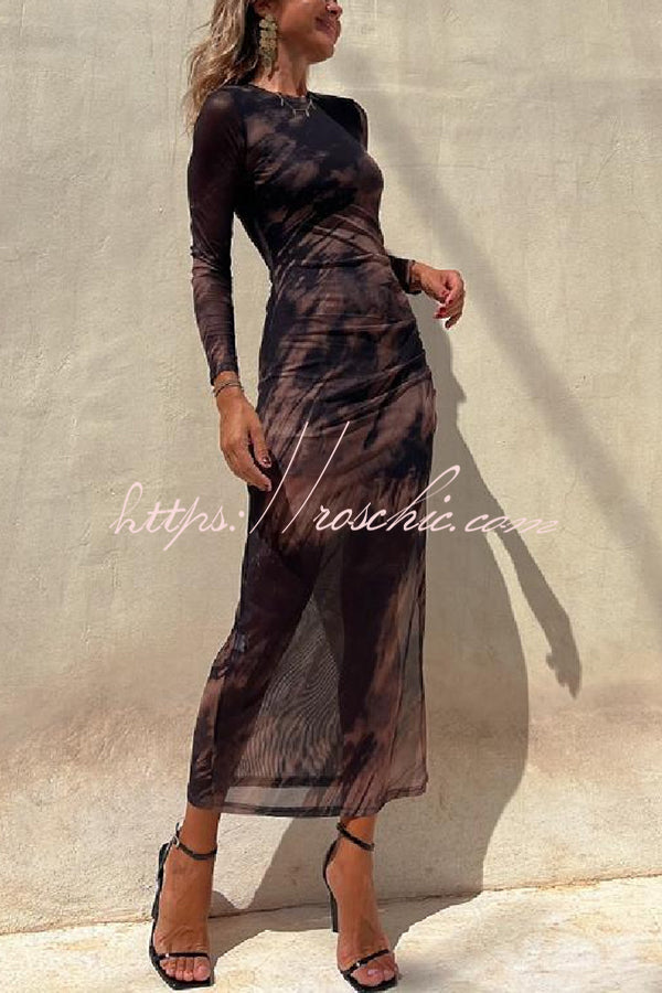 Mesh Overlay Tie Dye Long Sleeve Ruched Midi Dress