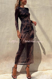 Mesh Overlay Tie Dye Long Sleeve Ruched Midi Dress
