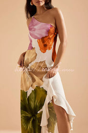 Floral Print One Shoulder Maxi Slip Dress with Side Ruffles