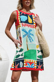 Printed Sleeveless Mini Dress with Pockets – Loose Fit