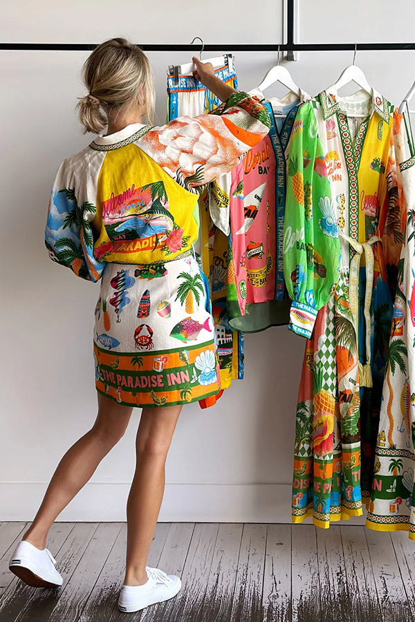 Linen Blend Printed Belted Shirt Mini Dress