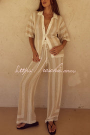 Knit Collared Short-Sleeve Top & Elastic Waist Pants Set