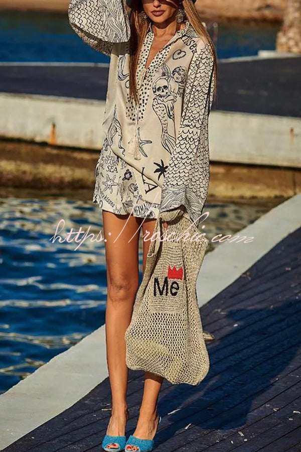 Satin Letter Print Shirt & Shorts Set | Loose Vacation Two-Piece