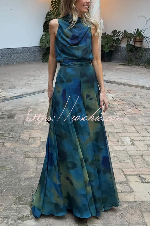 Chiffon Ombré Print Cowl Neck Top & High-Rise Maxi Skirt Set