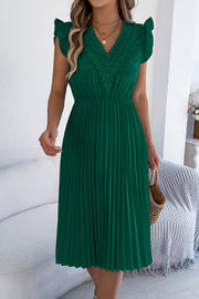 Robe midi plissée sans manches à col en V et bordure en dentelle
