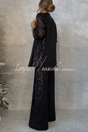 Sequin Open Front Long Sleeve Drape Coat
