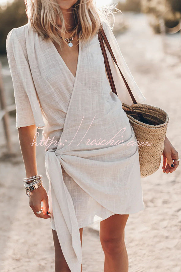 Cotton Linen Blend Knotted Wrap Mini Dress