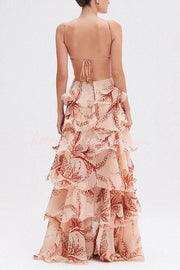 Butterfly Print Backless Ruffle Maxi Dress – Tie-Up Back