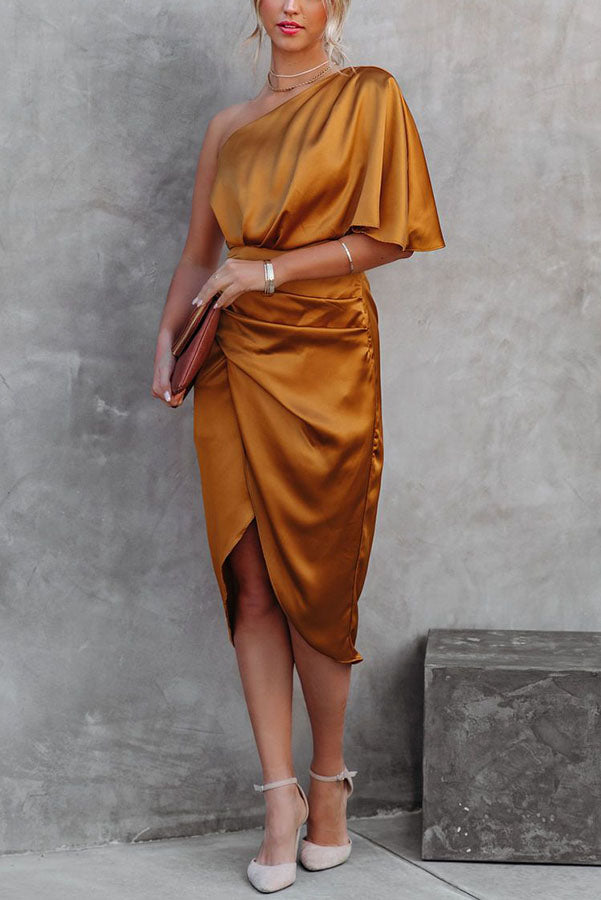One Shoulder Satin Midi Dress for Parties
