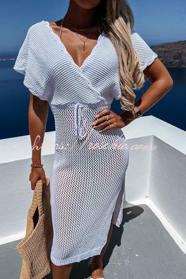 Knit Beach Cover Up Dress | Batwing Sleeve Calf Length