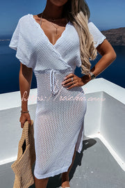 Knit Beach Cover Up Dress | Batwing Sleeve Calf Length