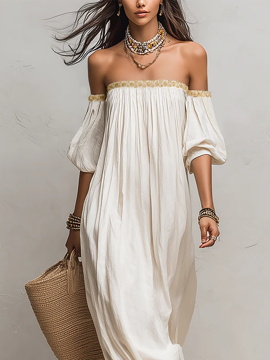 Ivory Off-the-Shoulder Pleated Maxi Dress – Boho Style