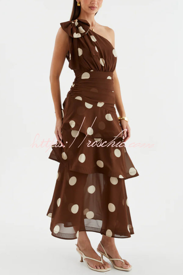 Polka Dot One-Shoulder Sleeveless Layered Mesh Maxi Dress