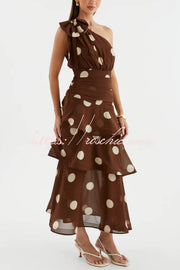 Polka Dot One-Shoulder Sleeveless Layered Mesh Maxi Dress