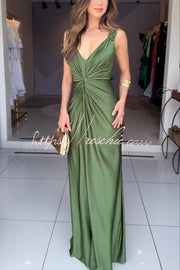 Satin Knot-Strap Sleeveless Maxi Dress with Side Slit