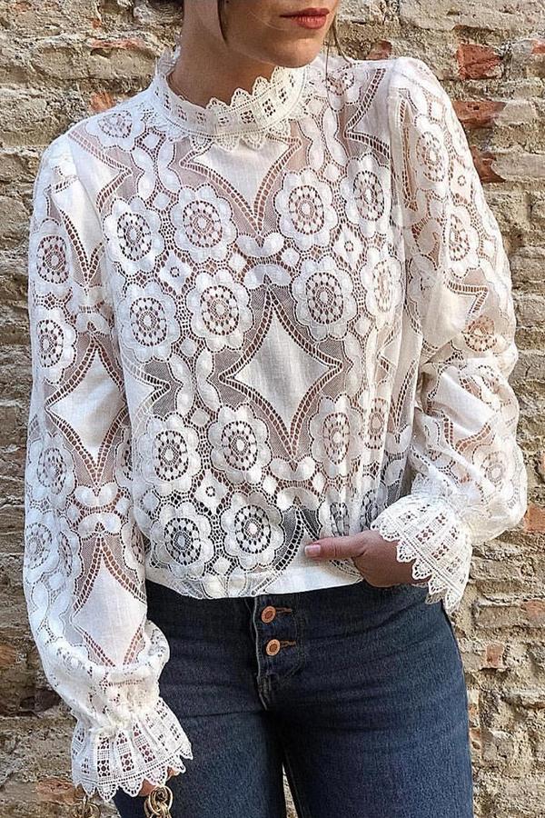 Long Sleeve Lace Top with High Neck | Regular Fit