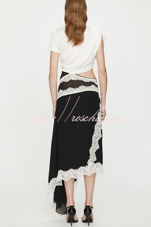 Twisted Drape Chiffon Lace Trim Maxi Dress – Loose Fit