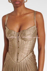 Metallic Pleated Maxi Dress with Sweetheart Bodice & Lace-Up Back