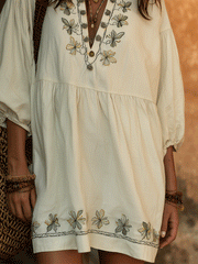 Ivory Botanical Stitch Mini Dress – Lightweight Summer