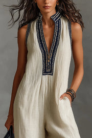 Linen Blend Sleeveless V-Neck Loose Jumpsuit with Pockets