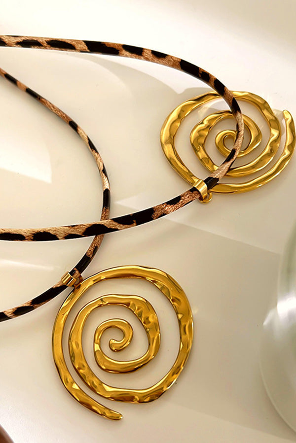 Leopard Print Leather Cord Spiral Stainless Steel Necklace
