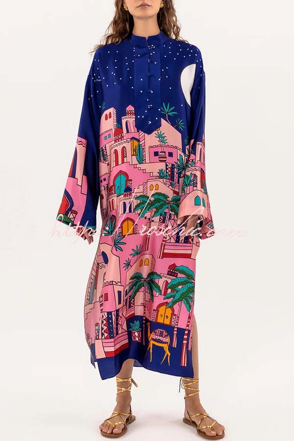 Satin Print Button-Up Kaftan Midi Dress with Long Sleeves