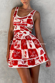 Holiday Print Ric Rac Trim Cutout Mini Dress