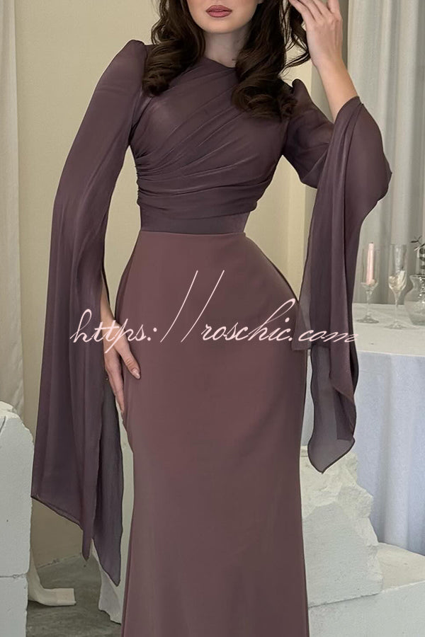Ruched Organza Satin Patchwork Maxi Dress with Bell Sleeves