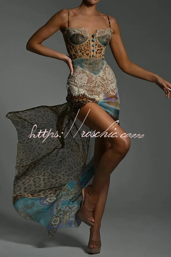 Chiffon Leopard Print Maxi Dress with High Slit