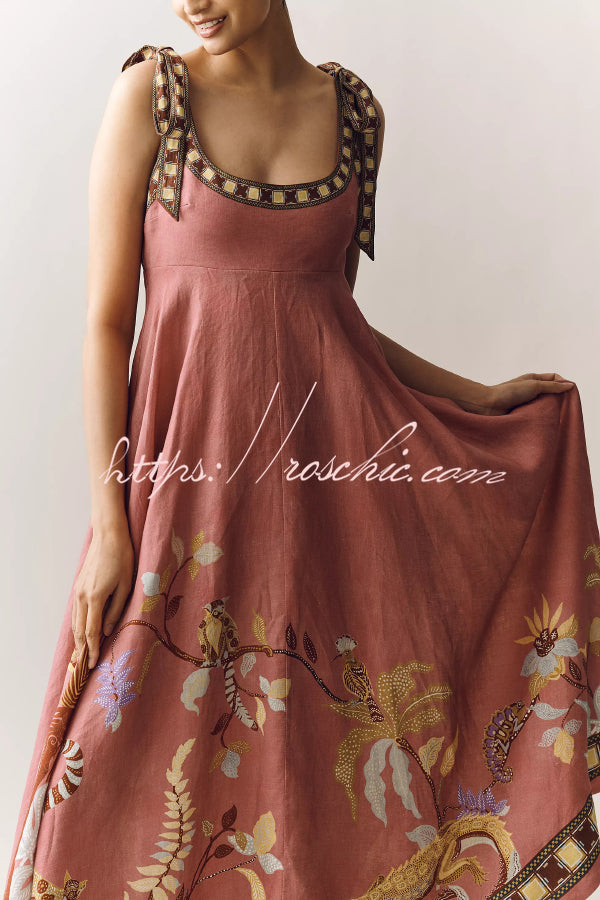 Linen Blend Printed Maxi Dress with Tie-Up Suspenders
