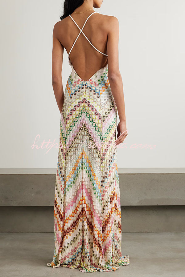 Colorful Herringbone Knit Open-Back Maxi Dress