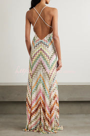 Colorful Herringbone Knit Open-Back Maxi Dress