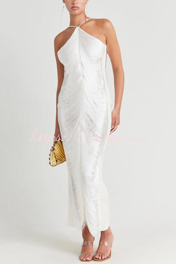 Robe longue dos nu métallisée avec fente à franges