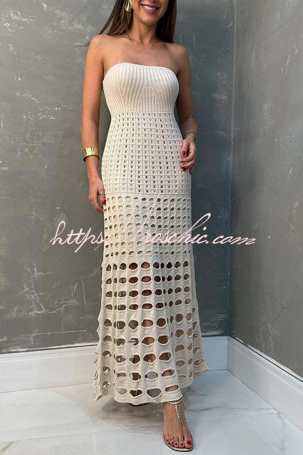 Robe longue en tricot à épaules dénudées et patchwork rustique – Coupe ample