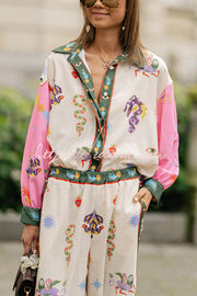 Linen Blend Printed Loose Blouse and Pants Set with Pockets