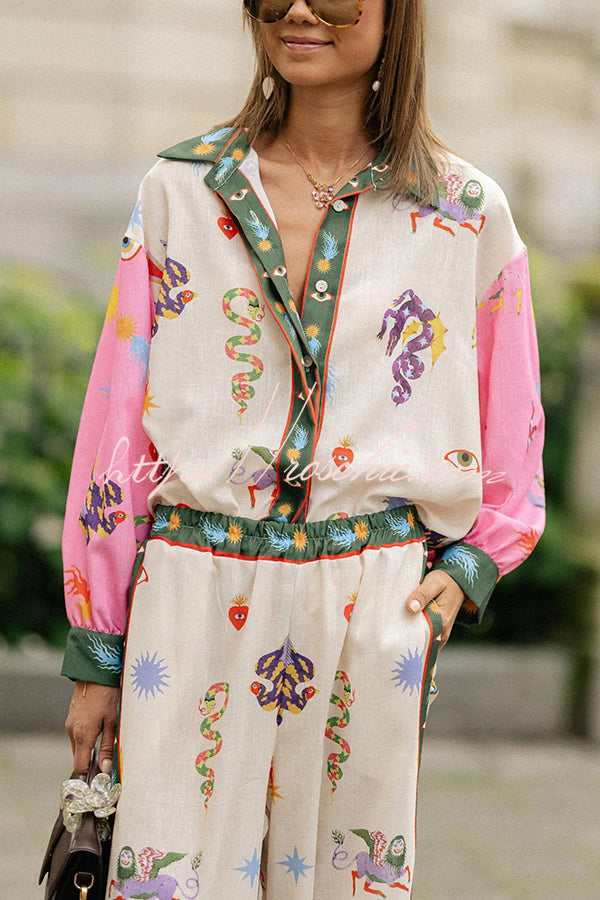 Linen Blend Printed Loose Blouse and Pants Set with Pockets