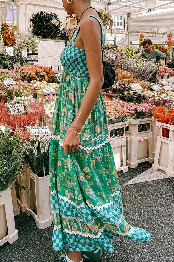 Ric Rac Trim Smocked Bust Lace-Up Maxi Dress