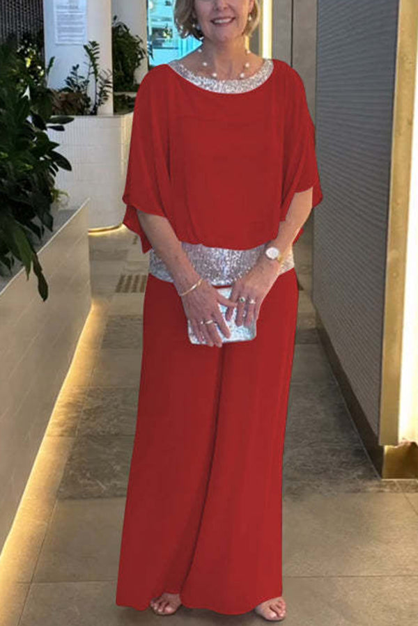 Sequin Patchwork Dolman Sleeve Top & Wide Leg Pants Set