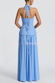 Crepe Lace Bodice Halter Chiffon Pleated Maxi Dress
