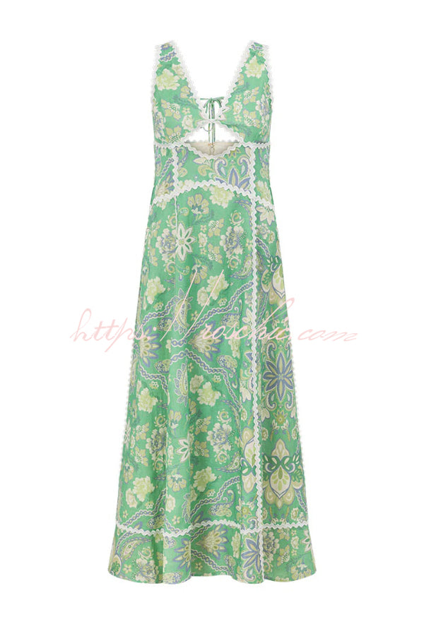 Linen Blend Printed V-Neck Sleeveless Maxi Dress