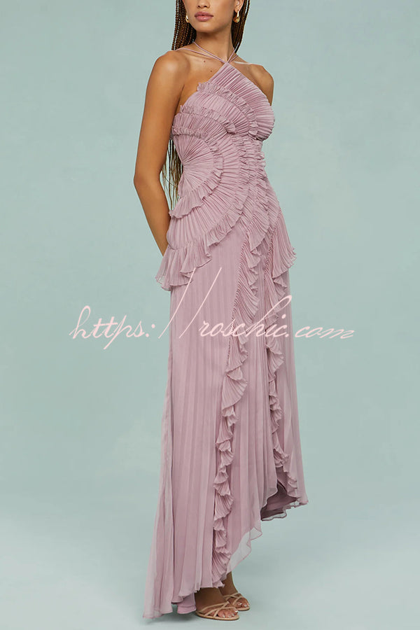 Robe longue dos nu plissée à volants – Robe de soirée asymétrique